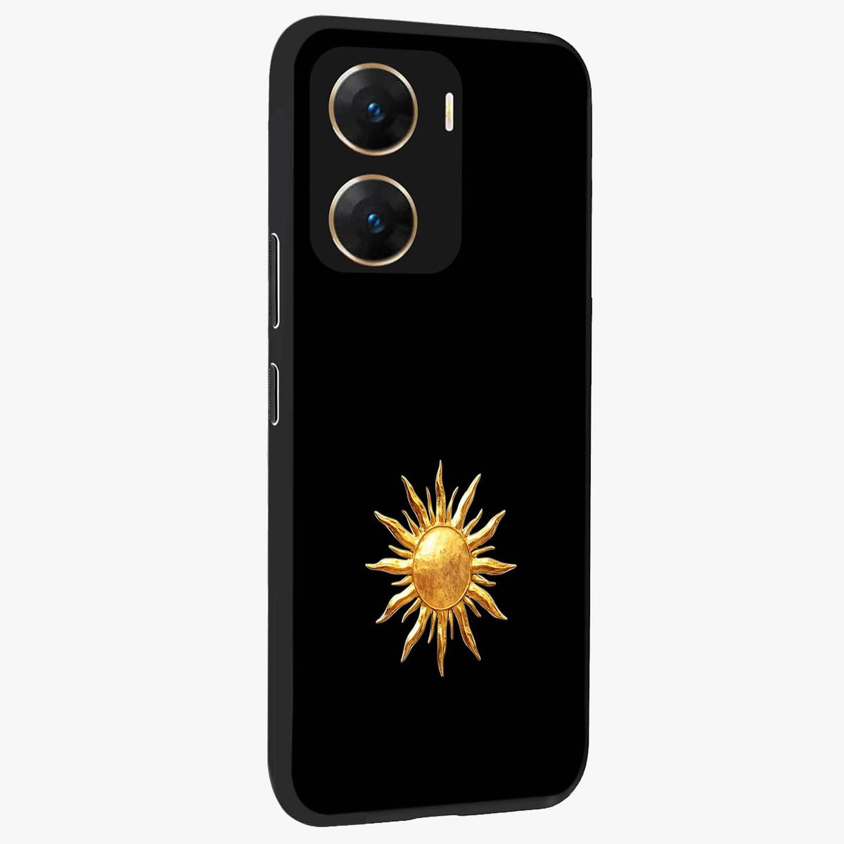 Golden Sun Minimalism Glass Case upright view showcasing haunting graveyard artwork with dramatic dark theme.