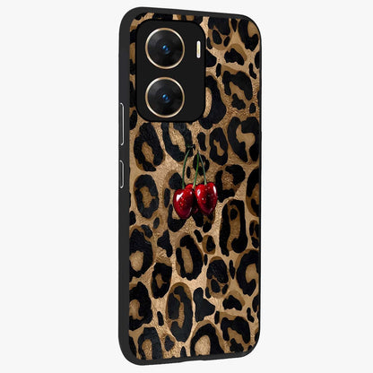 Leopard Wild Cherry Glass Case upright view showcasing stylish leopard pattern artwork with trendy fashion theme.