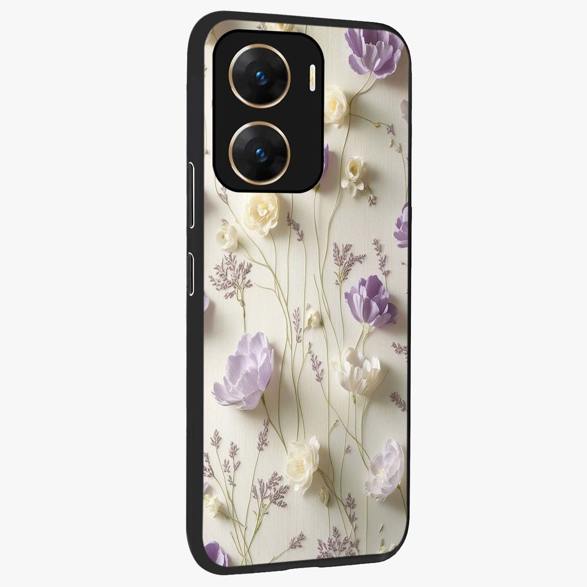 Lilac Breeze Harmony Glass Case upright view showcasing delicate lilac artwork with peaceful floral theme.