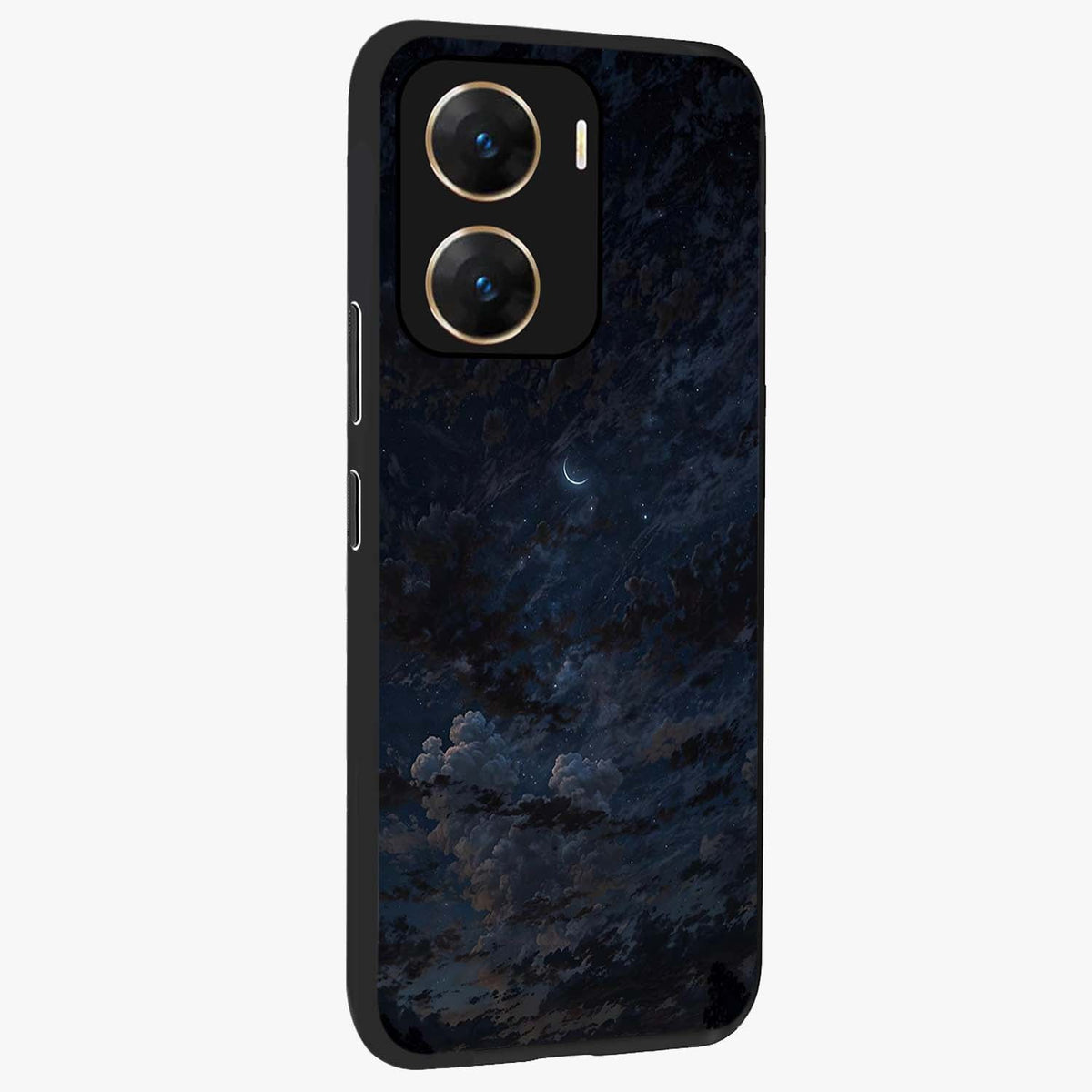 Lunar Veil Silence Glass Case upright view showcasing calm moon themed artwork with serene night atmosphere.