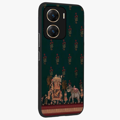 Macmerise Glass Case upright view showcasing bold artistic artwork with contemporary design theme.