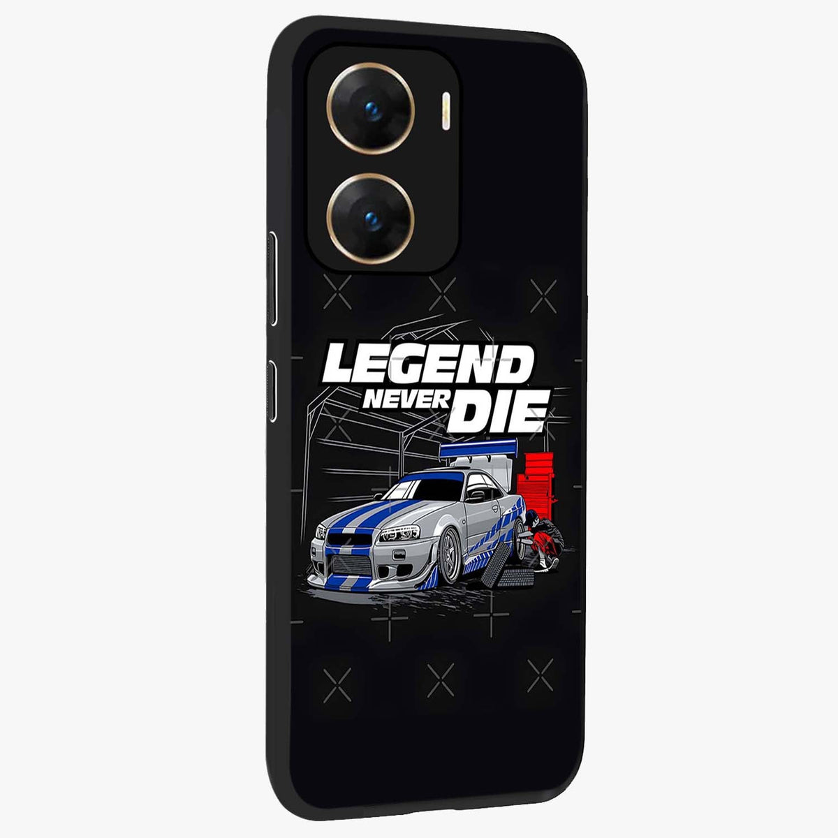 Midnight Racing Legacy Glass Case upright view showcasing powerful racing artwork with modern sports theme.