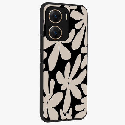 Monochrome Petal Dance Glass Case upright view showcasing artistic floral pattern with stylish monochrome theme.
