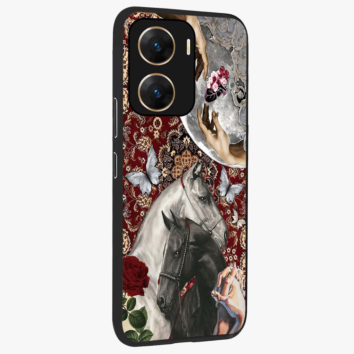 Moonlit Royal Stallion Glass Case upright view showcasing dramatic horse artwork with glowing moon themed design.