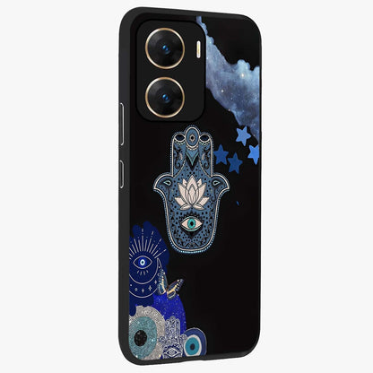 Mystic Hand Aura Glass Case upright view showcasing symbolic hand artwork with mystical energy theme.