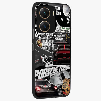 Porsche Racing Collage Glass Case upright view showcasing energetic car collage artwork with high speed racing theme.