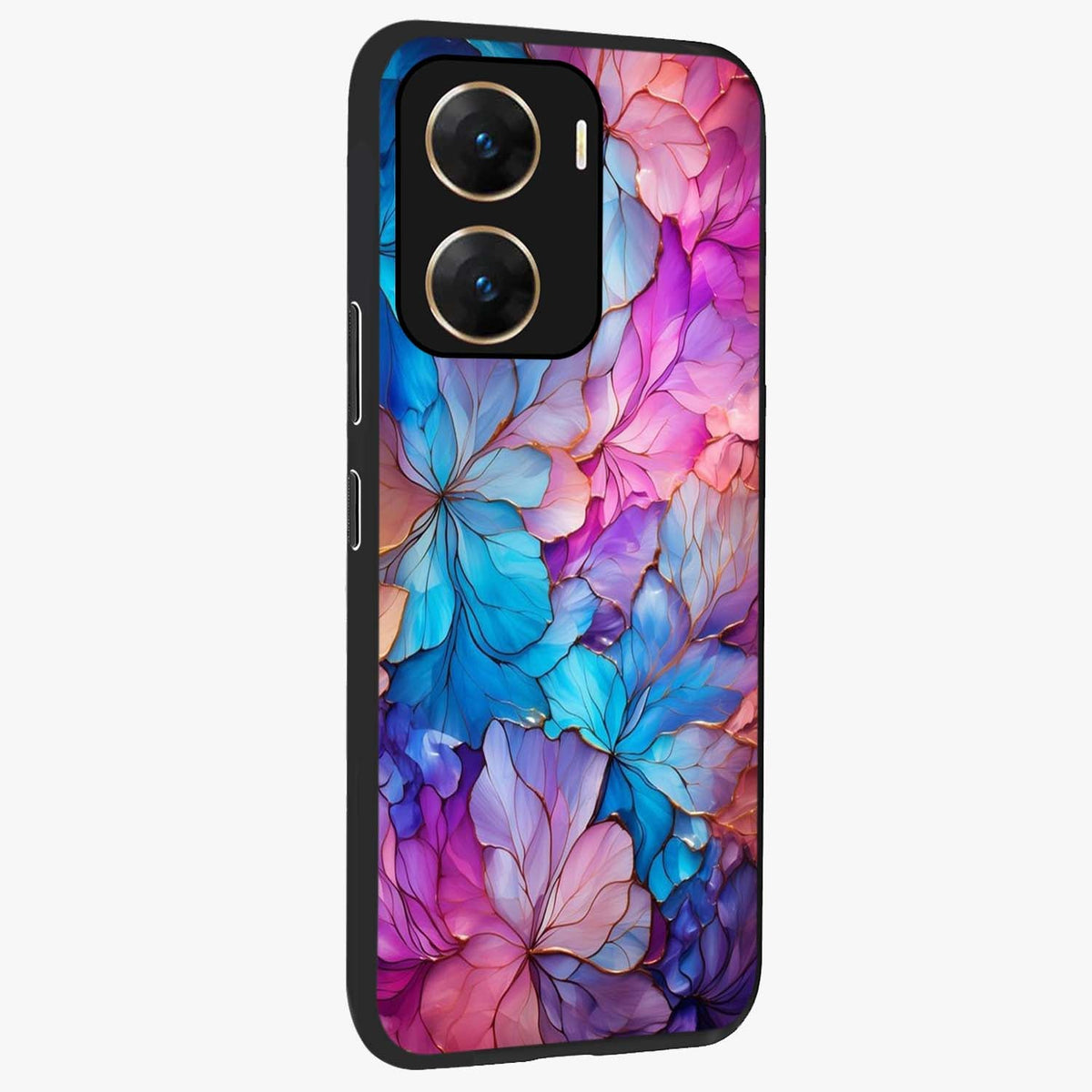 Radiant Floral Whirl Glass Case upright view showcasing lively floral artwork with decorative swirl theme.