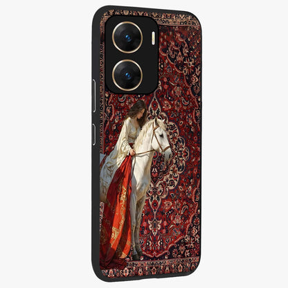 Royal Rider Tapestry Glass Case upright view showcasing detailed rider artwork with classic tapestry theme.