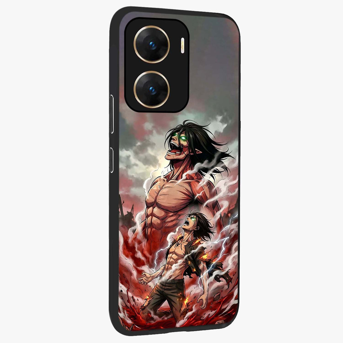 Titan Awakening Fury Glass Case upright view showcasing intense titan artwork with epic fantasy theme.