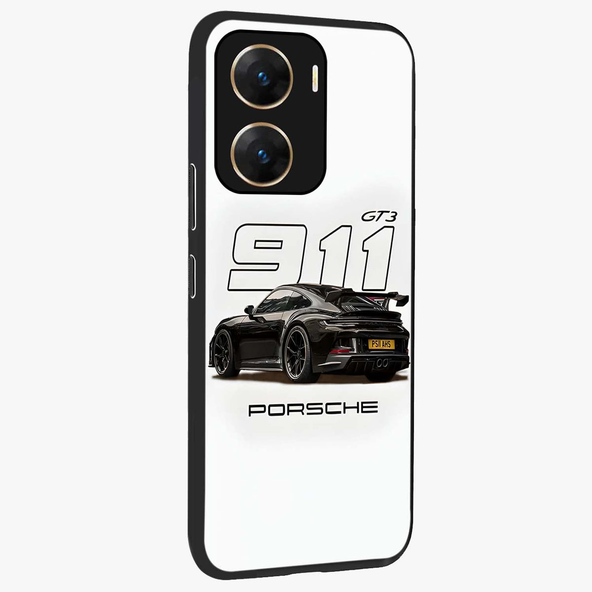 Turbo Legacy Icon Glass Case upright view showcasing bold racing inspired artwork with classic car theme.