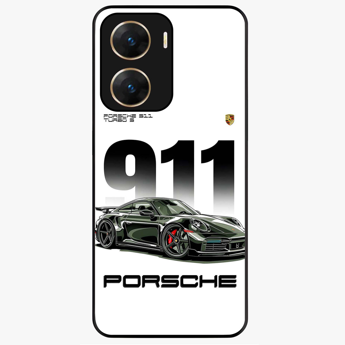 911 Turbo Dominance Glass Case showing clean flat back view with bold 911 sports car artwork and glossy glass finish.