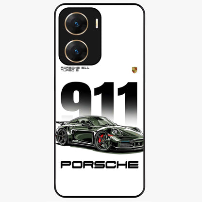 911 Turbo Dominance Glass Case showing clean flat back view with bold 911 sports car artwork and glossy glass finish.