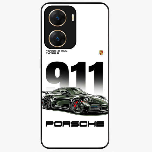 911 Turbo Dominance Glass Case showing clean flat back view with bold 911 sports car artwork and glossy glass finish.