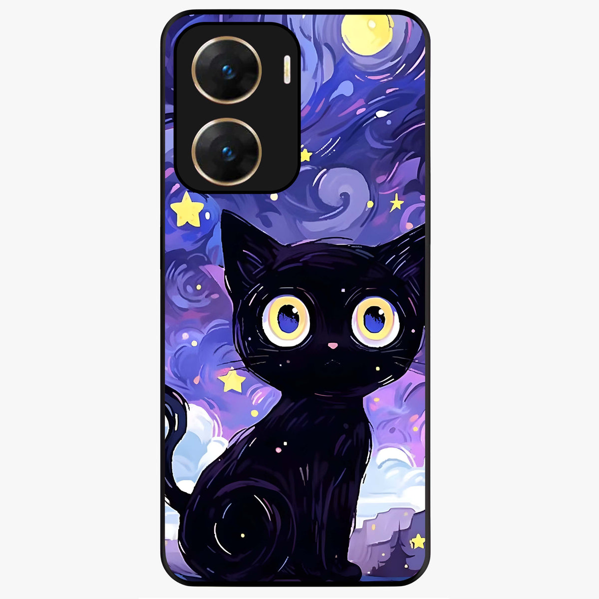 Abstract Cat Art Glass Case showing flat back view with artistic cat illustration and glossy glass finish.