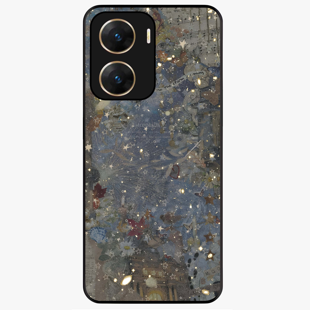 Aesthetic Astrolophia Glass Case showing flat back view with dreamy aesthetic design and glossy glass finish.