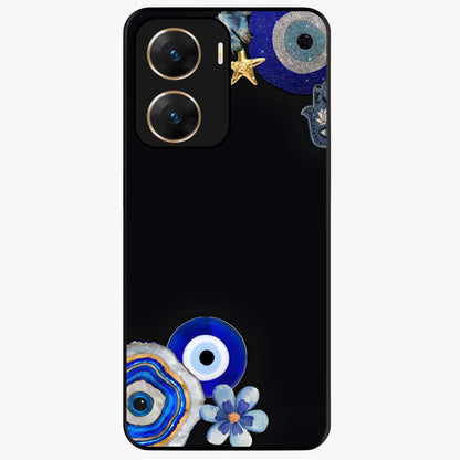 Aesthetic Blue Evil Eye Glass Case showing flat back view with protective evil eye artwork and glossy glass finish.