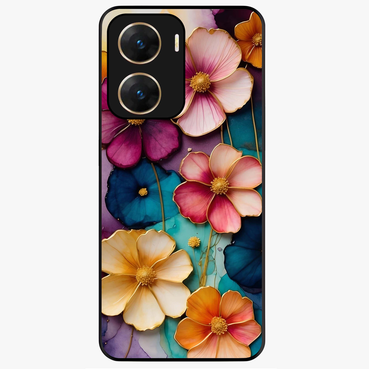 Artlyn Grace Flower Pattern Glass Case showing flat back view with elegant floral pattern artwork and glossy glass finish.