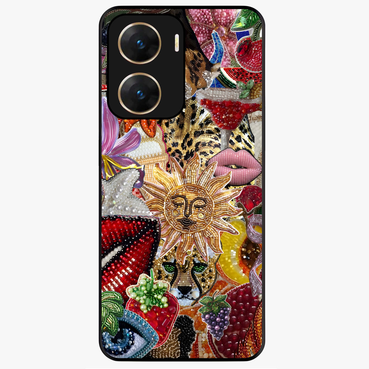 Beaded Fashion Jungle Glass Case showing flat back view with vibrant jungle inspired bead artwork and glossy glass finish.