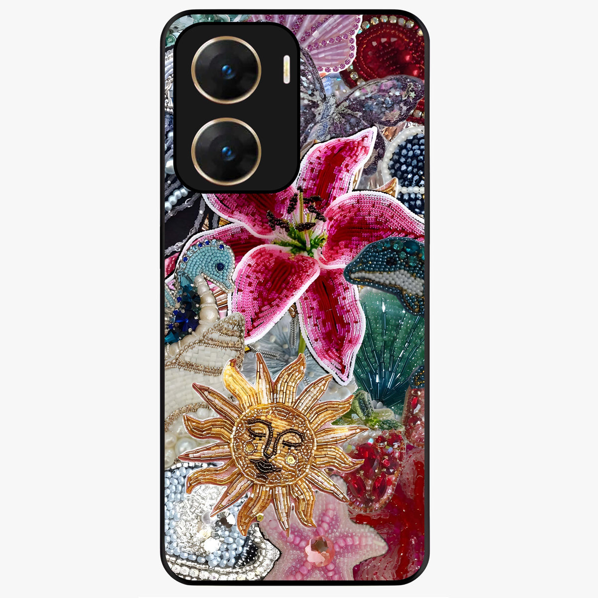Beaded Garden Fantasy Glass Case showing flat back view with dreamy garden bead artwork and glossy glass finish.