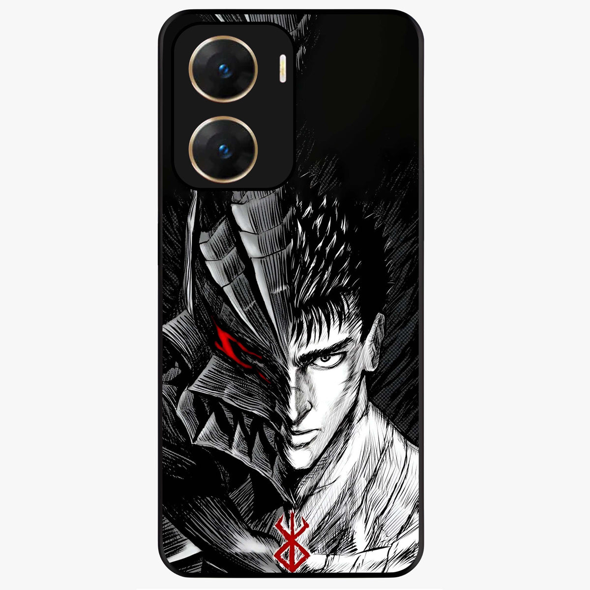 Berserker Blood Oath Glass Case showing flat back view with fierce warrior inspired artwork and glossy glass finish.