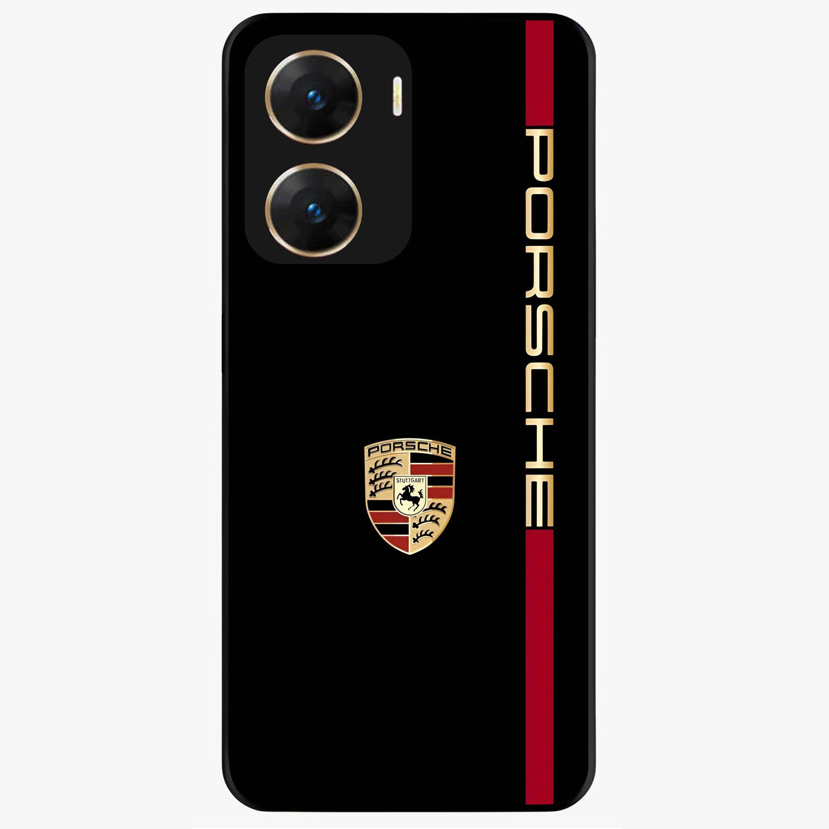 Black Minimal Porsche Glass Case showing flat back view with sleek minimal sports car artwork and glossy glass finish.