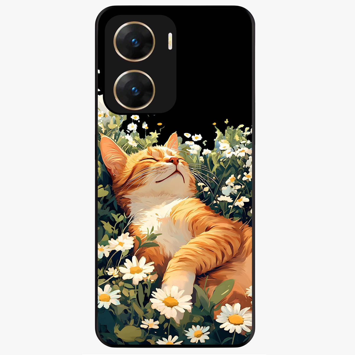 Blissful Bloom Cat Glass Case showing flat back view with cute cat and floral bloom artwork and glossy glass finish.