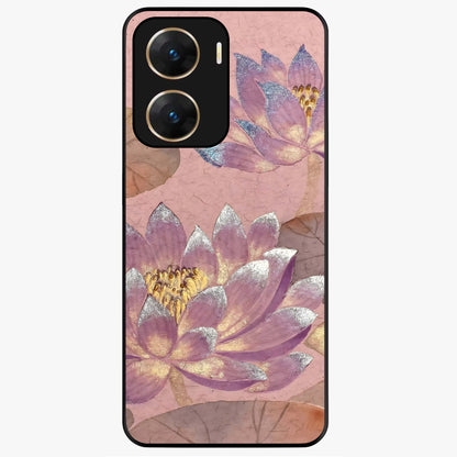 Blossom Mist Lotus Glass Case showing flat back view with serene lotus blossom artwork and glossy glass finish.