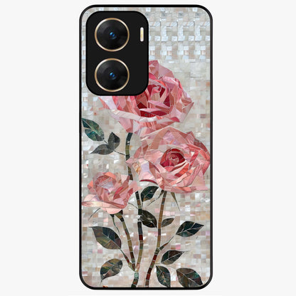 Blush Mosaic Bloom Glass Case showing flat back view with mosaic floral bloom artwork and glossy glass finish.