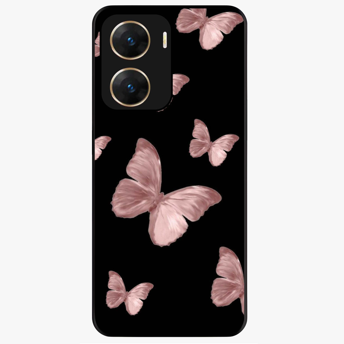 Butterfly Pattern Glass Case showing flat back view with elegant butterfly pattern artwork and glossy glass finish.