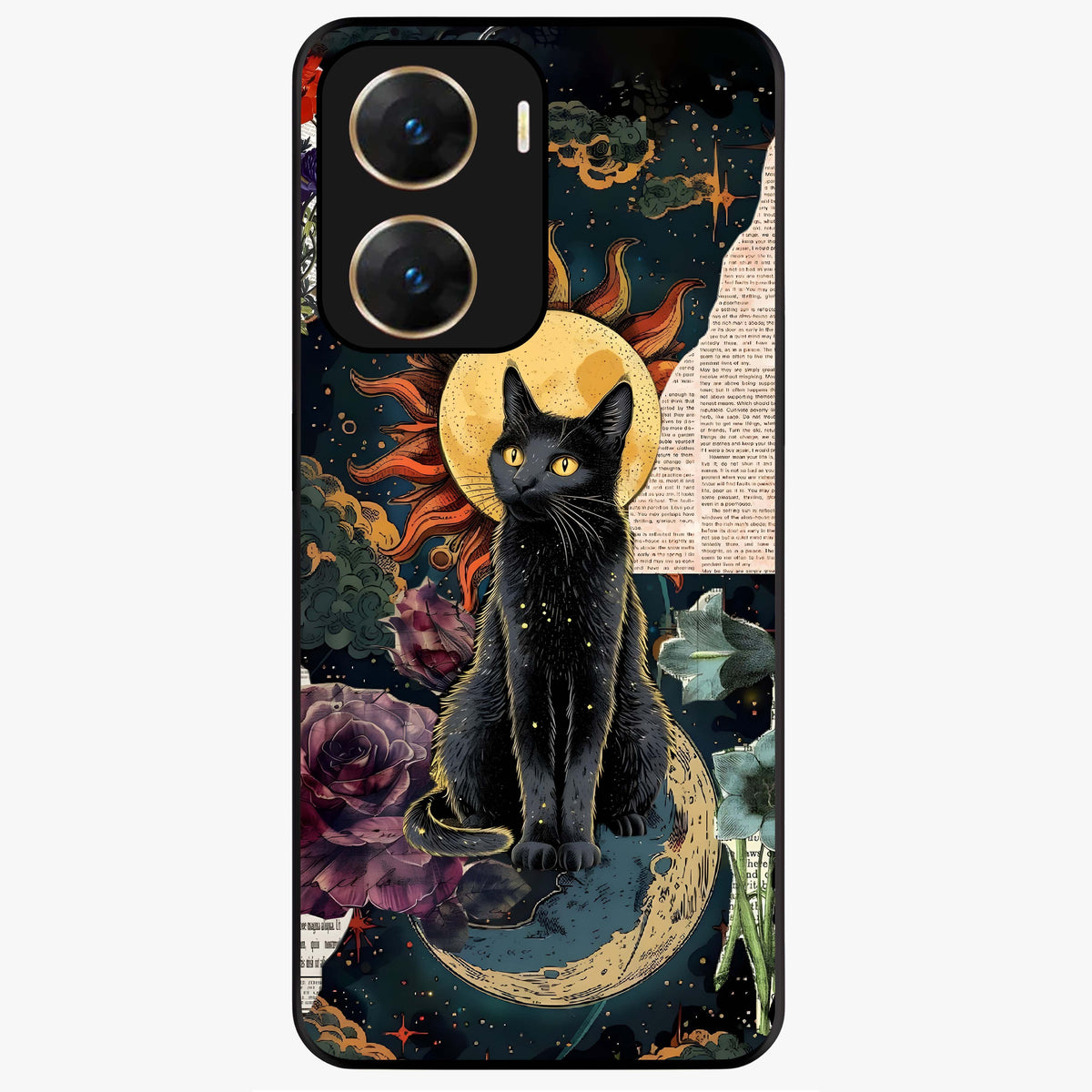 Celestial Black Cat Glass Case showing flat back view with mystical black cat artwork and glossy glass finish.