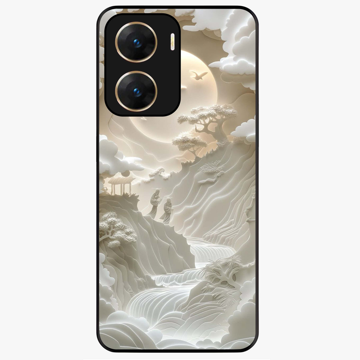 Celestial Origami Glass Case showing flat back view with artistic origami inspired celestial artwork and glossy glass finish.