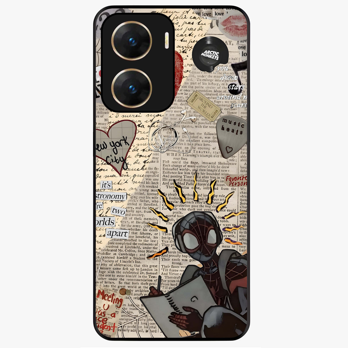 City Dream Sketch Glass Case showing flat back view with artistic city skyline sketch artwork and glossy glass finish.