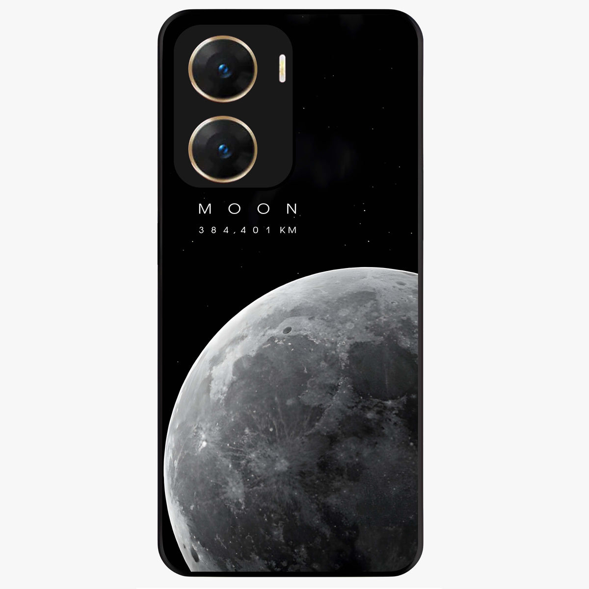 Cosmic Moon Glow Glass Case showing flat back view with glowing moon artwork and glossy glass finish.