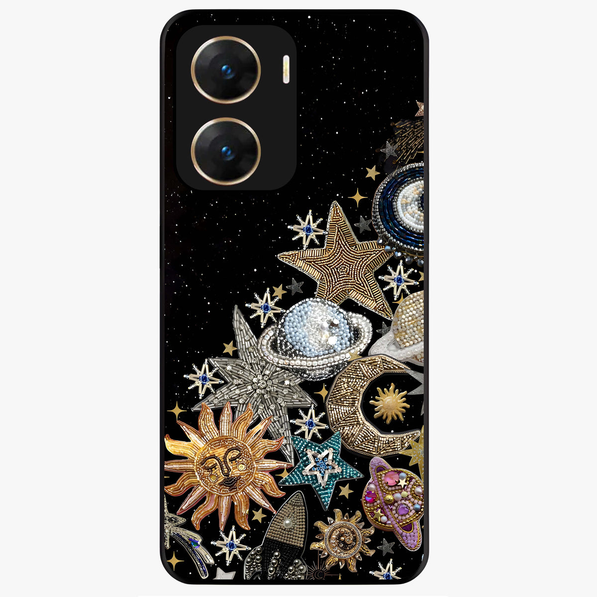 Cosmic Sparkle Dreams Glass Case showing flat back view with sparkling cosmic artwork and glossy glass finish.