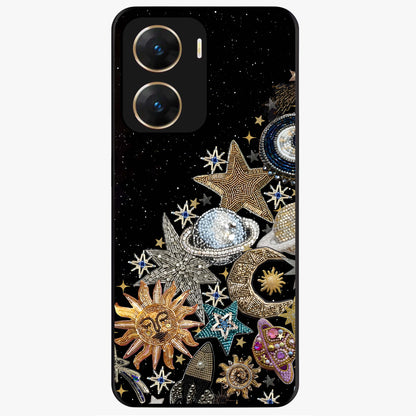 Cosmic Sparkle Dreams Glass Case showing flat back view with sparkling cosmic artwork and glossy glass finish.
