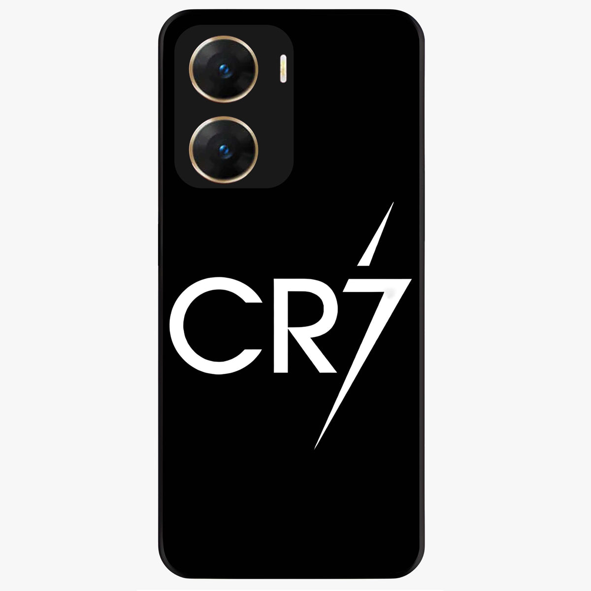 Cr7 Elite Strike Glass Case showing flat back view with dynamic football inspired artwork and glossy glass finish.