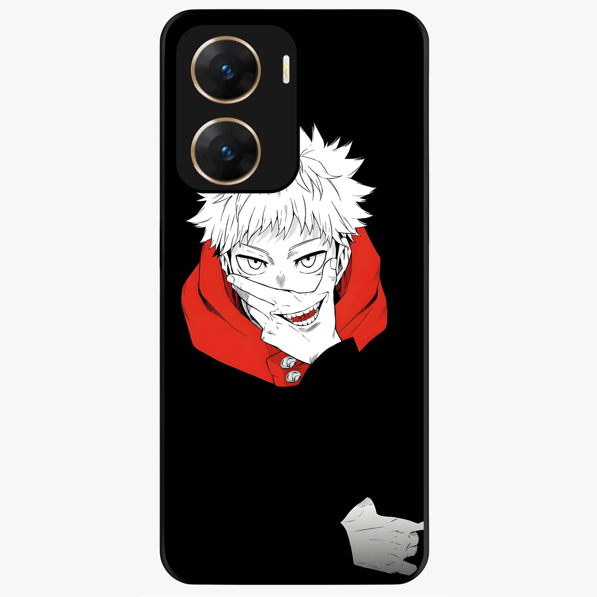 Crimson Chaos Smile Glass Case showing flat back view with bold chaotic smile artwork and glossy glass finish.