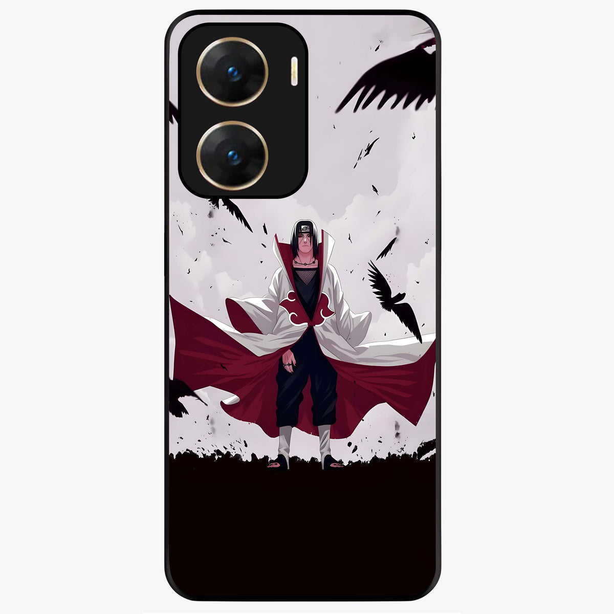 Crimson Crow Ascension Glass Case showing flat back view with mystical crow artwork and glossy glass finish.