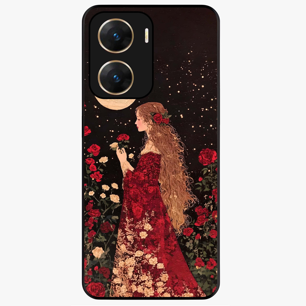 Crimson Dreams Glass Case showing flat back view with dreamy crimson artwork and glossy glass finish.