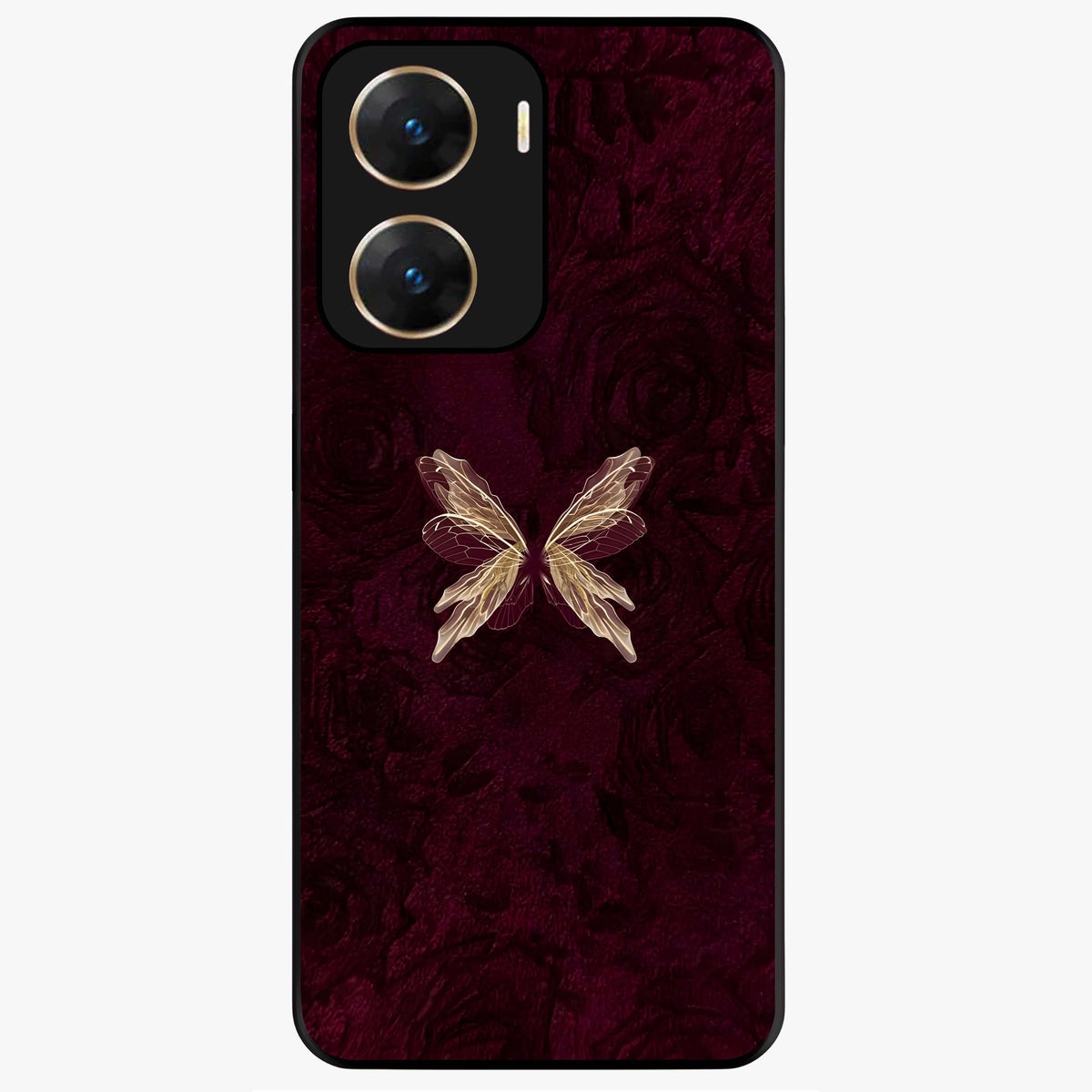 Crimson Fade Butterfly Glass Case showing flat back view with fading butterfly artwork and glossy glass finish.