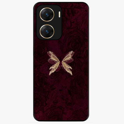 Crimson Fade Butterfly Glass Case showing flat back view with fading butterfly artwork and glossy glass finish.