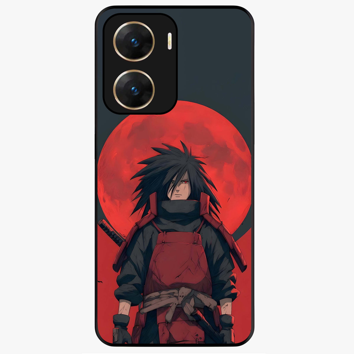Crimson Moon Warlord Glass Case showing flat back view with mystical moon warrior artwork and glossy glass finish.