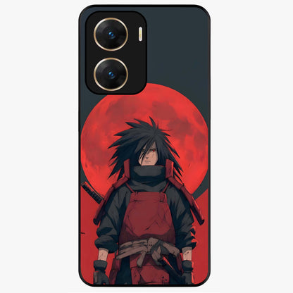 Crimson Moon Warlord Glass Case showing flat back view with mystical moon warrior artwork and glossy glass finish.