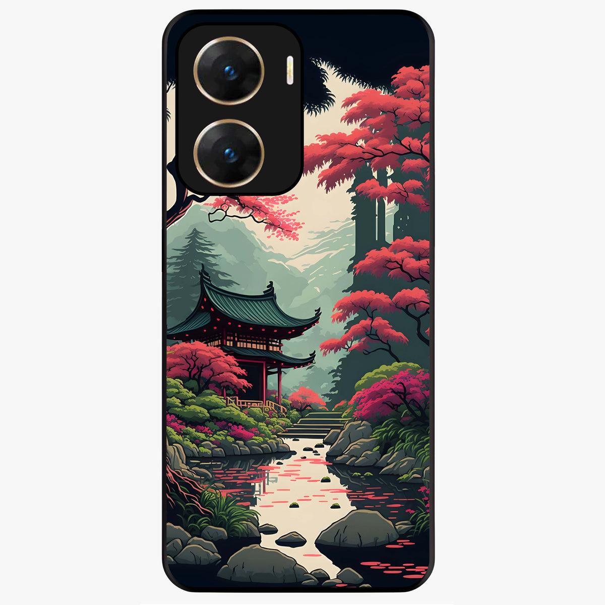 Crimson Temple View Glass Case showing flat back view with temple inspired artwork and glossy glass finish.