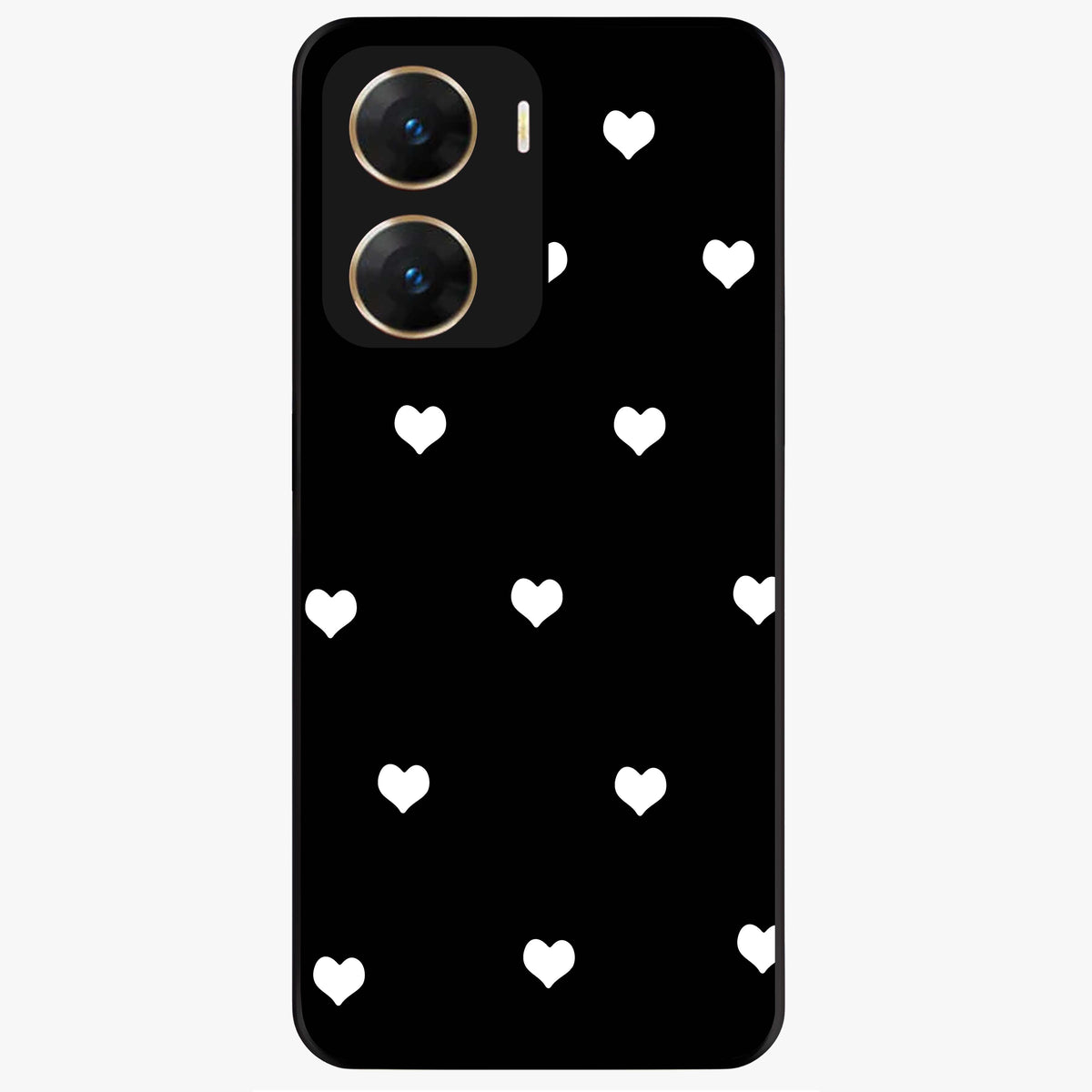 Cute And Simple White Hearts Glass Case showing flat back view with minimal white heart pattern and glossy glass finish.