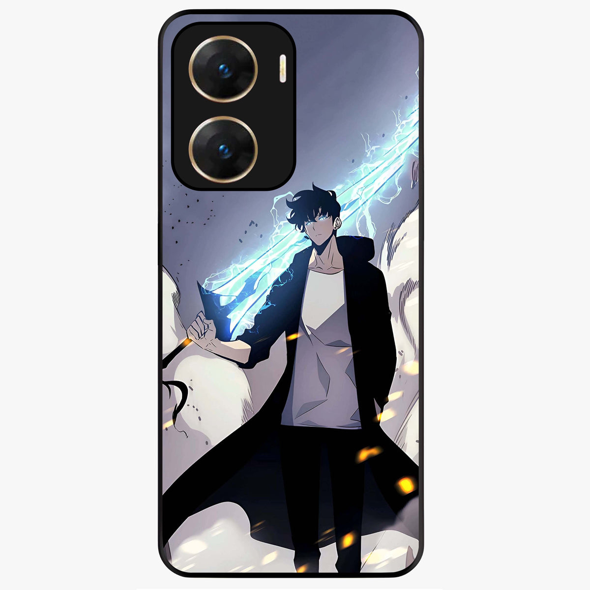Dark Lightning Anime Warrior Glass Case showing flat back view with intense anime warrior artwork and glossy glass finish.