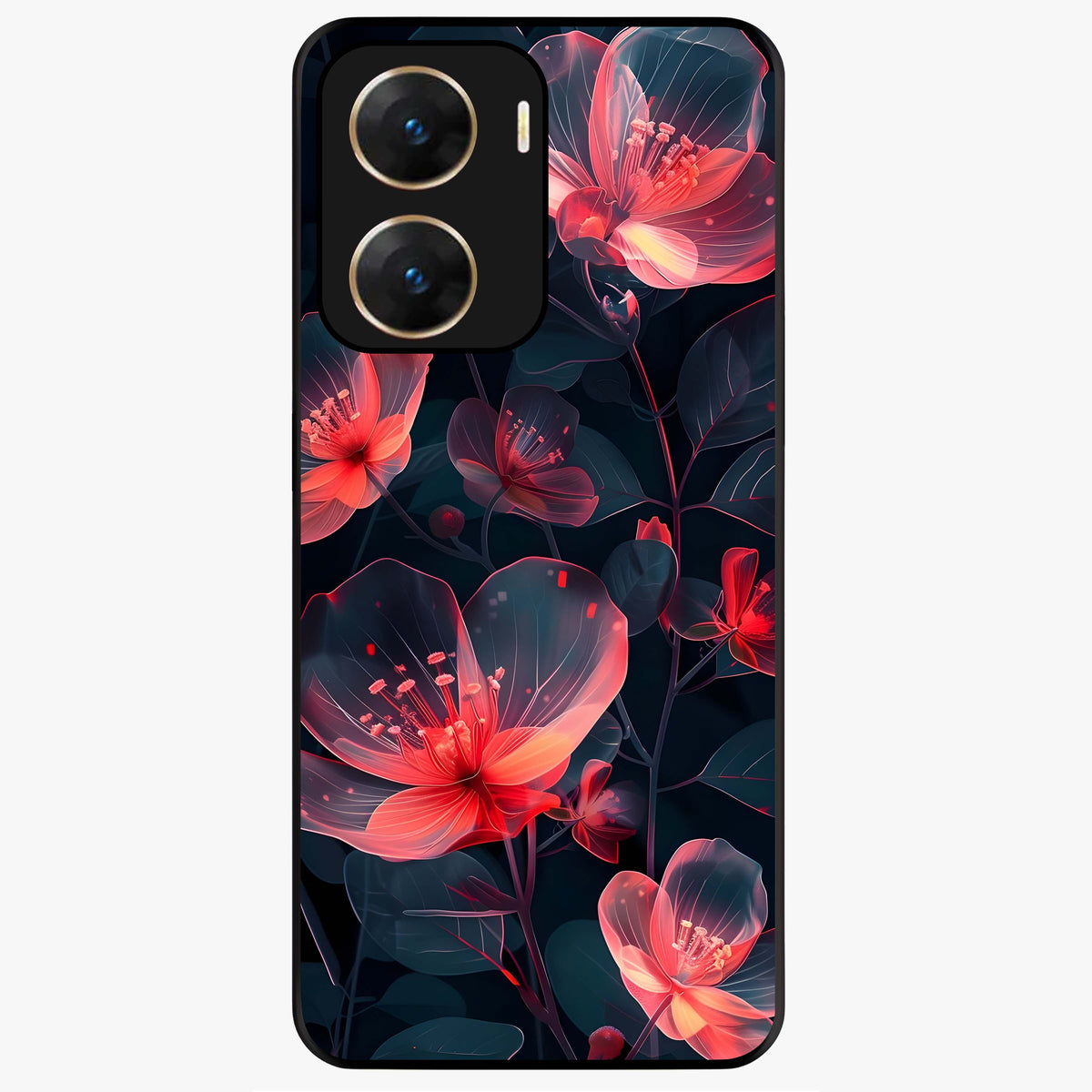 Dark Shade of Flower Glass Case showing flat back view with elegant dark floral artwork and glossy glass finish.