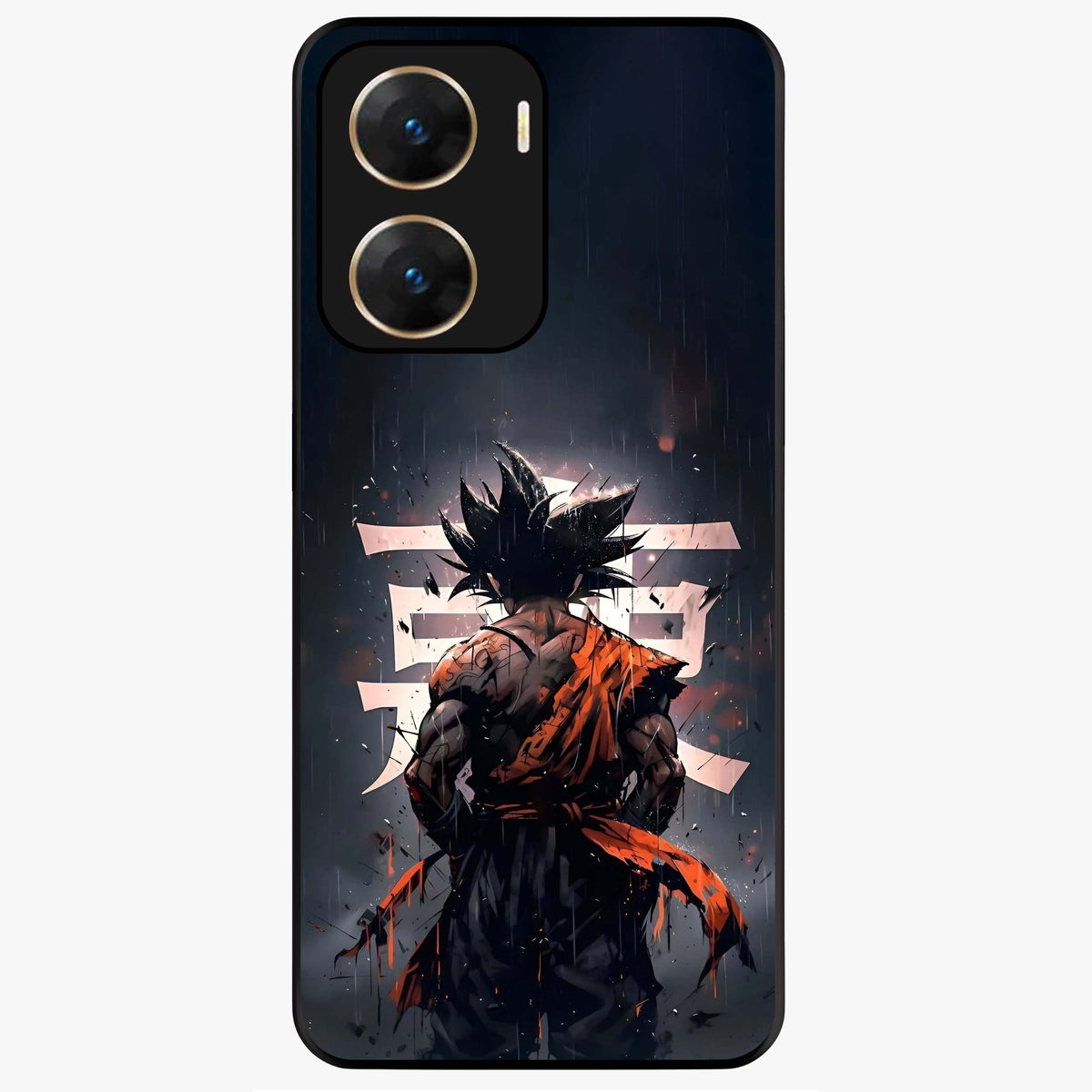 Dark Warrior In Rain Glass Case showing flat back view with warrior artwork in rainy atmosphere and glossy glass finish.