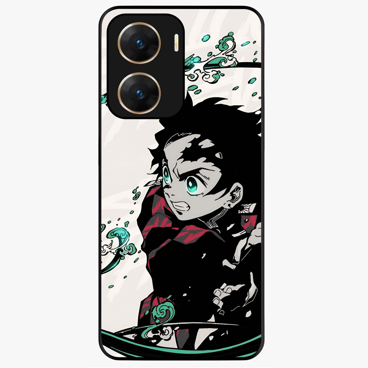 Demon Slayer Glass Case showing flat back view with bold anime inspired artwork and glossy glass finish.