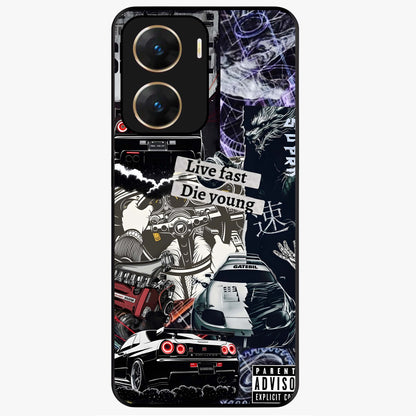Die Young Glass Case showing flat back view with bold artistic typography design and glossy glass finish.
